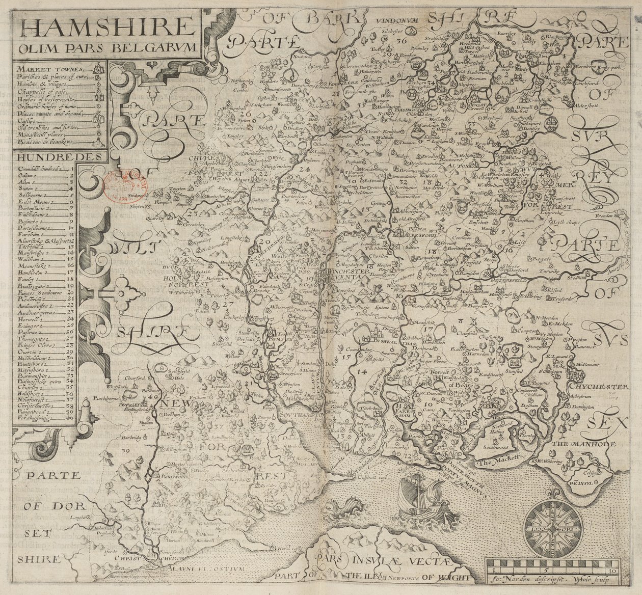 Hampshire, antes parte de los belgas. J. Norden describió. W. Hole sculp., de "Britannia" de Camden. 6ª edición. fol. 187 (grabado) de English School