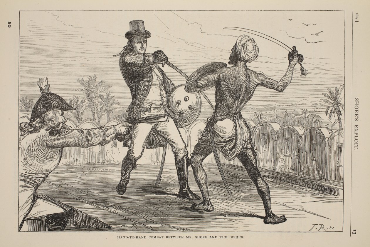 Combate cuerpo a cuerpo entre el Sr. Shore y el Goojur, ilustración de la Historia Ilustrada de Inglaterra de Cassell de English School