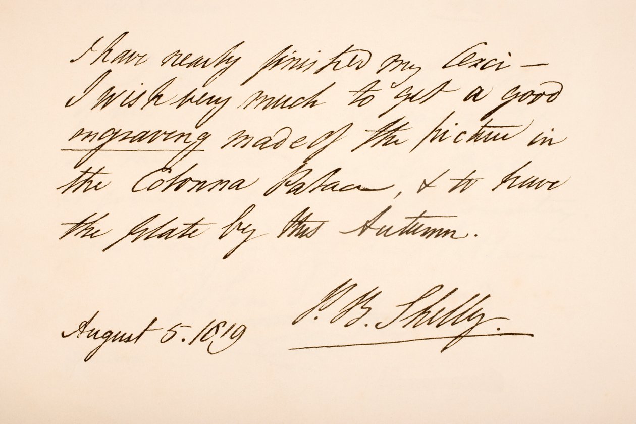 Escritura y firma de Percy Bysshe Shelley, 1819 de English School