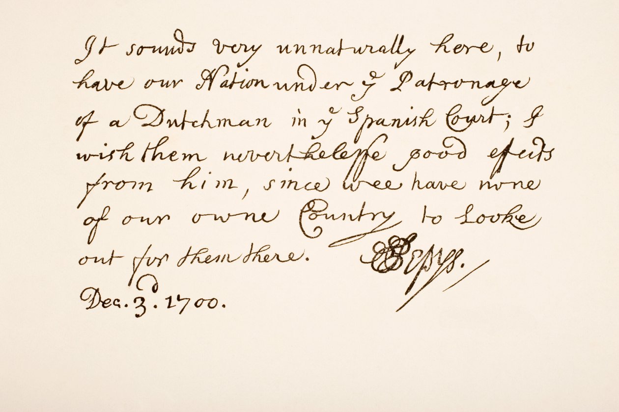Caligrafía y firma de Samuel Pepys, 1700 de English School