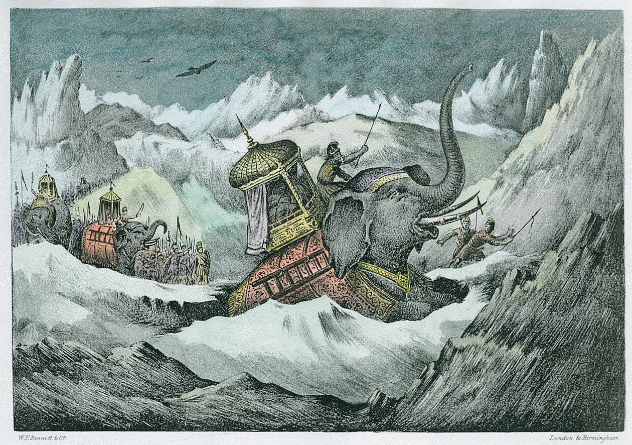 Aníbal (247-c.183 a.C.) y sus elefantes de guerra cruzando los Alpes de English School