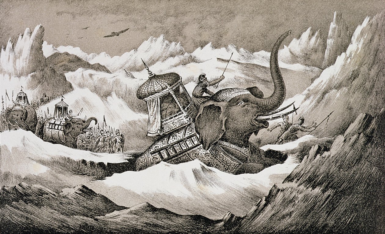Aníbal (247-c.183 a.C.) y sus elefantes de guerra cruzando los Alpes de English School
