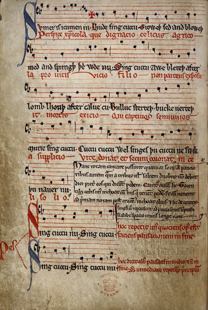 Harl 978 fol.11v Sumer es icumen in, del Canon de verano (Reading Rota) (vitela) de English School