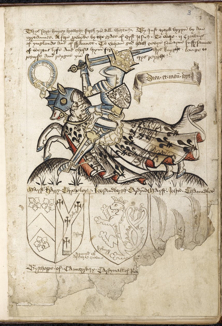 Harley 2169 f. 3 Enrique VI a caballo, escudos de armas en la época de Enrique VI (vitela) de English School