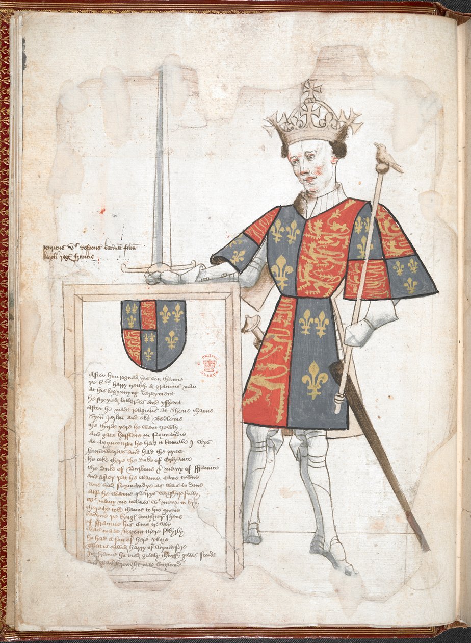 Harley 4205 f.7v Un rey inglés con armadura y tabardo (Enrique V) del "Libro de armas de Sir Thomas Holme...", c.1445-50 (vitela) de English School