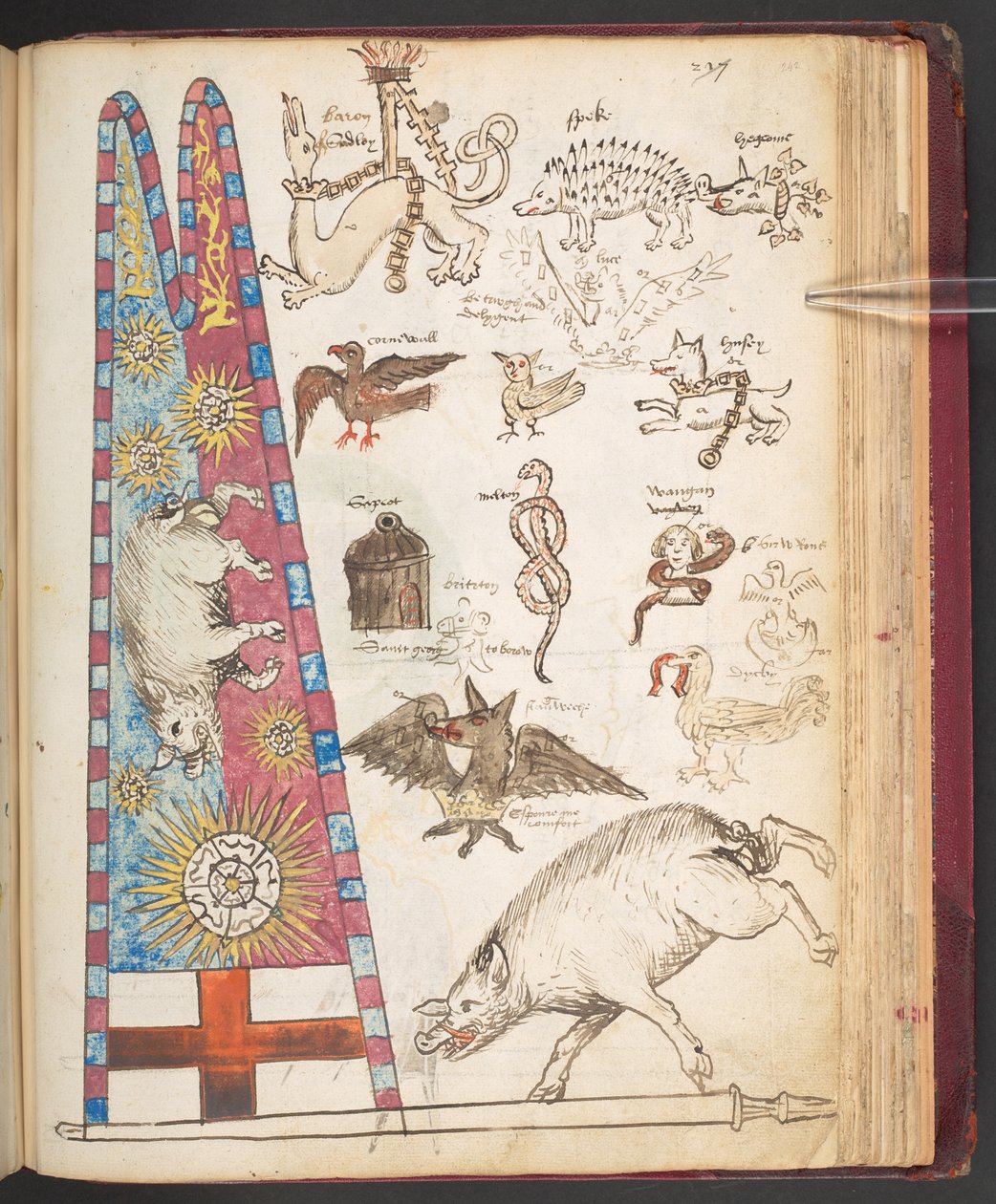 Harley 4632, f.242, estandarte de Ricardo III en Bosworth, además de Yorkist sunburst (vitela) de English School