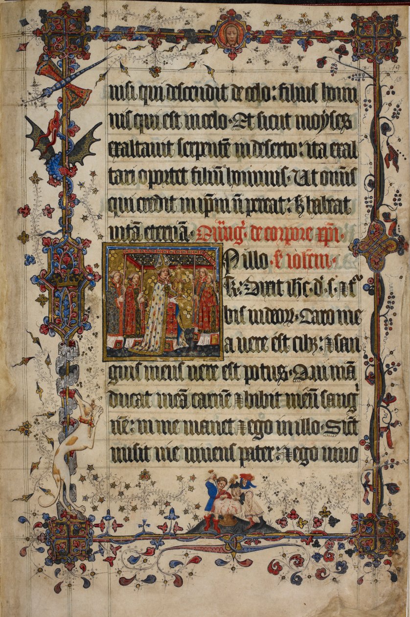 Harley 7026, f.13 La Fiesta del Corpus Christi, del Leccionario Lovel, antes de 1408 (vitela) de English School