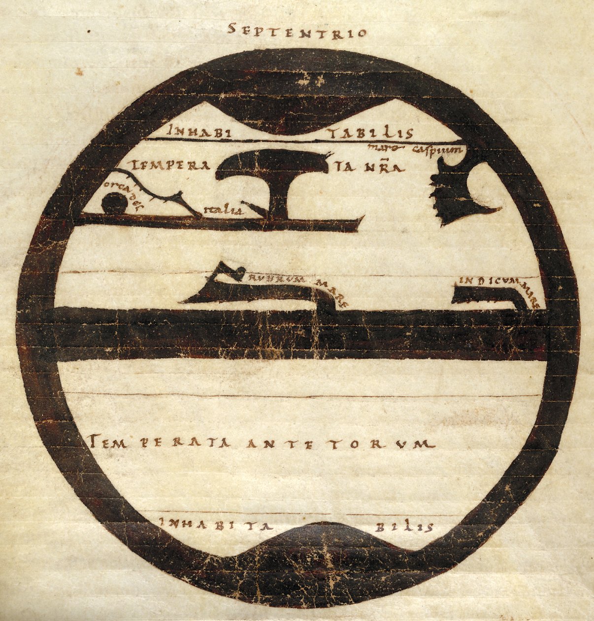 Harley MS 2772 p. 70v, mapamundi zonal esquemático, c.1050 (tinta y témpera sobre pergamino) de English School