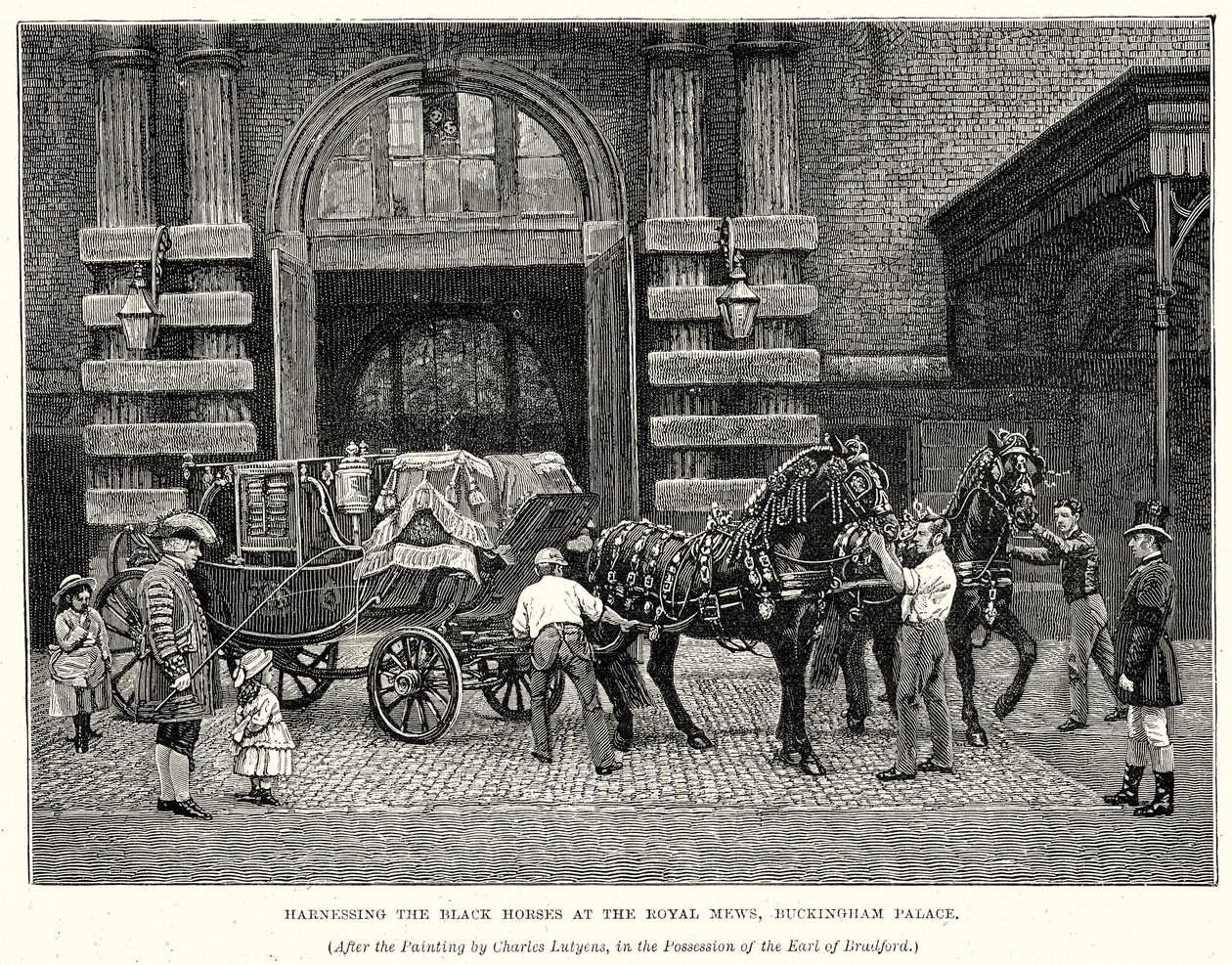Enjaezando los Caballos Negros en el Royal Mews, Palacio de Buckingham (grabado) de English School