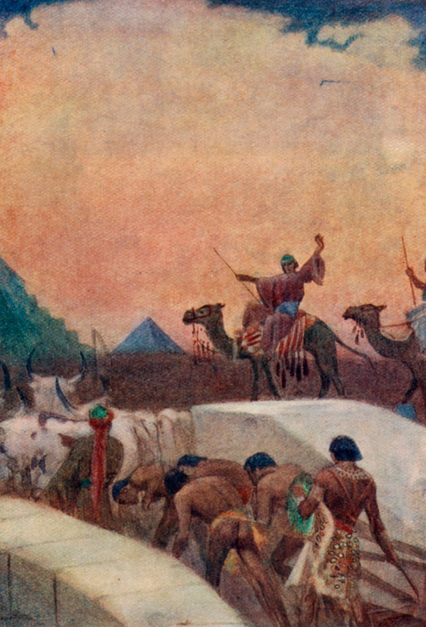 Transporte de bloques de piedra para las pirámides (litografía en color) de English School