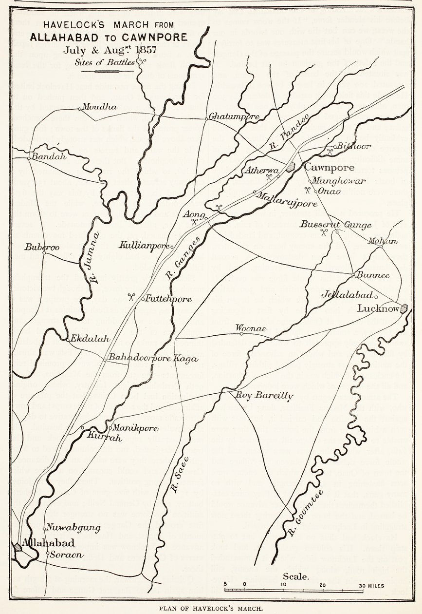 La Marcha de Havelock de Allahabad a Cawnpore, julio y agosto de 1857, de la Historia Ilustrada de Inglaterra de Cassell de English School