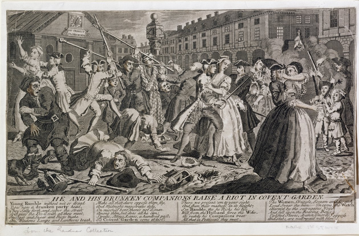 Él y sus compañeros borrachos provocan un disturbio en Covent Garden, 1735 de English School