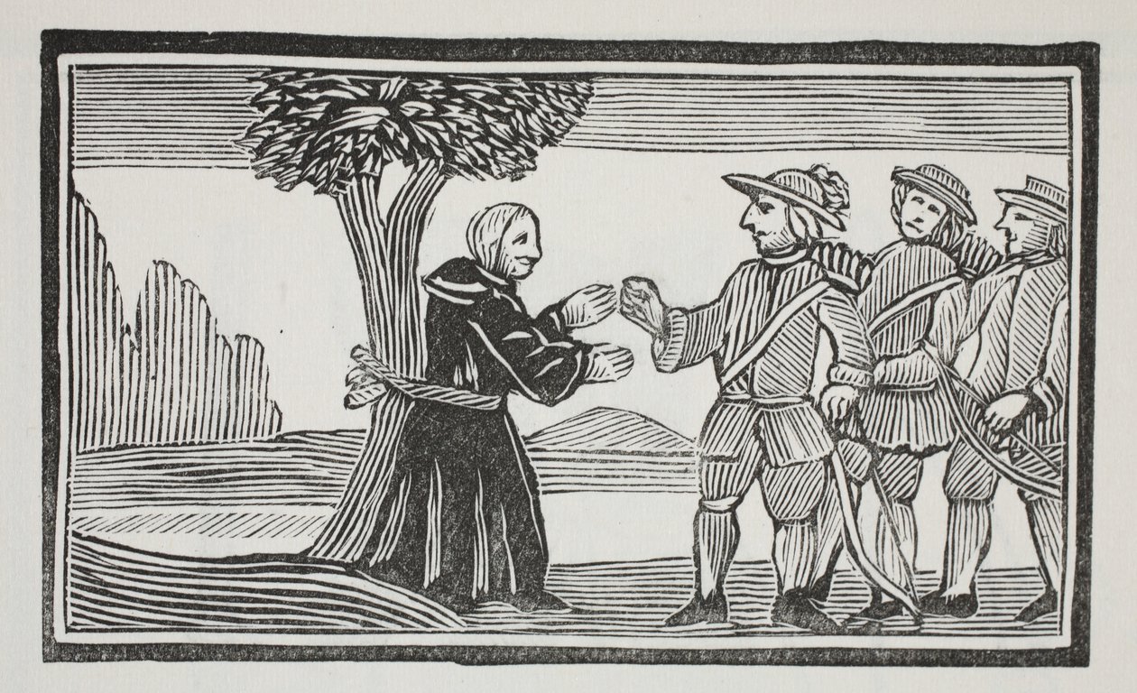 Ató al abad a un árbol, ilustración de Chap-books del siglo XVIII de John Ashton, pub. 1882 de English School