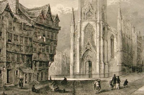 Cabeza de West Bow, con el Assembly Hall a mediados de 1800, de 