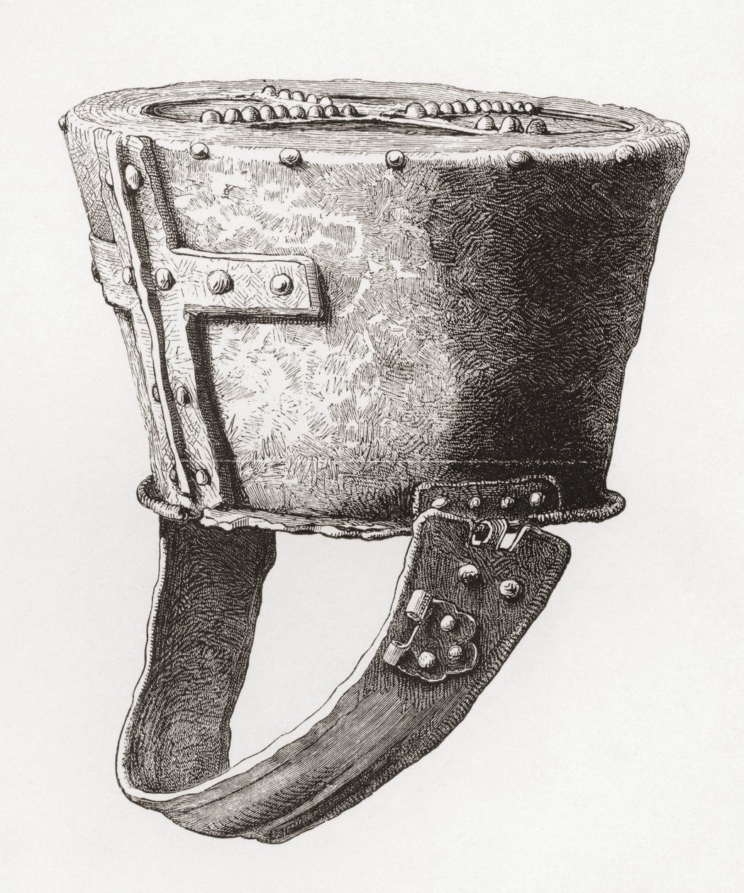 Casco del castillo de Pomeroy, Inglaterra, datado hacia el siglo XII, extraído de The British Army: Its Origins, Progress and Equipment, publicado en 1868. de English School