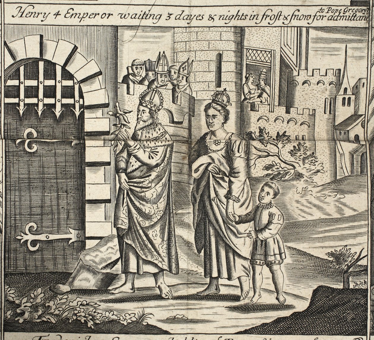 Enrique IV emperador esperando 3 días y noches en la escarcha y la nieve para ser admitido ante el Papa Gregorio, ilustración de Hechos y Monumentos de John Foxe, novena edición, pub. 1684 de English School