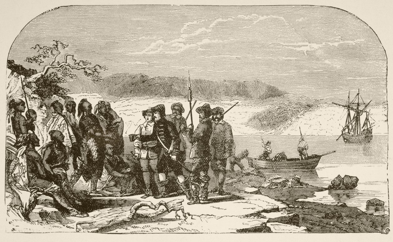 Henry Hudson ofrece licor a los indios en 1609 (litografía) de English School