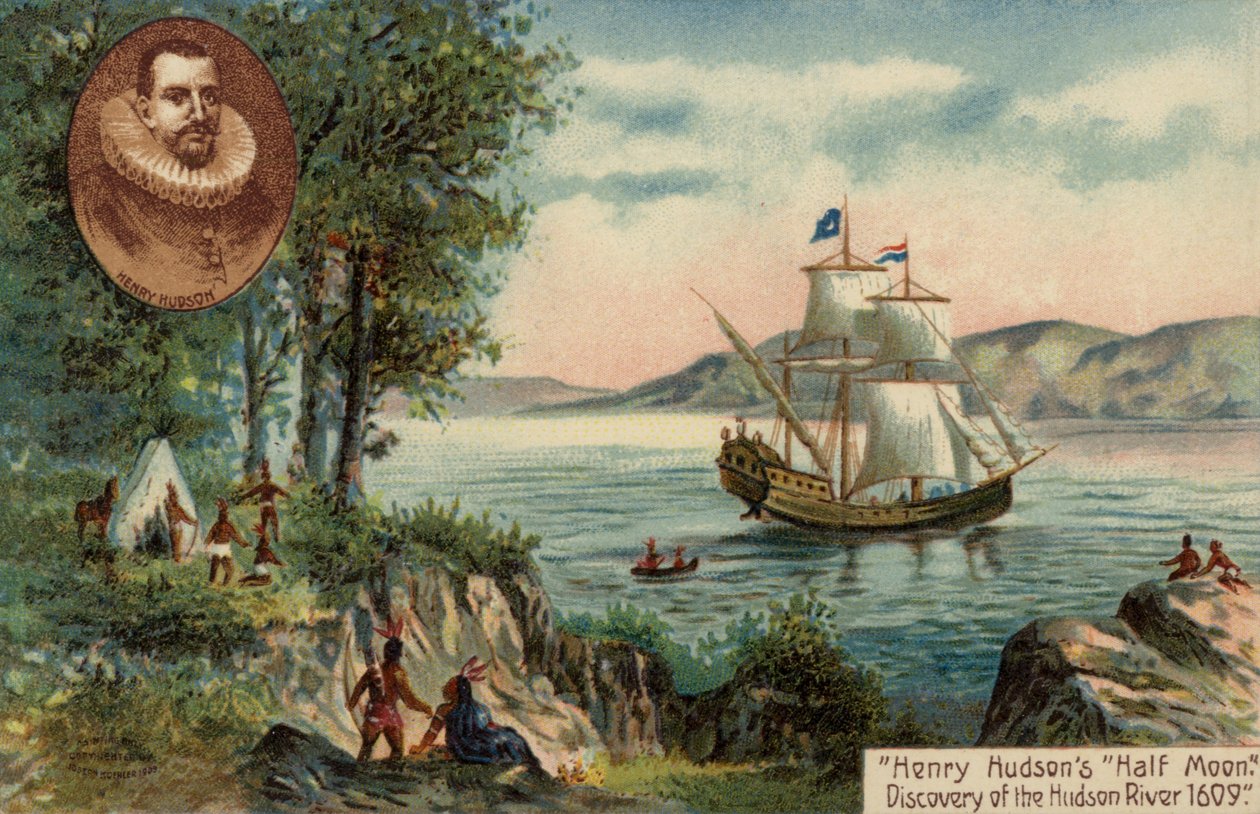 El barco Half Moon de Henry Hudson descubriendo el río Hudson, Norteamérica de English School