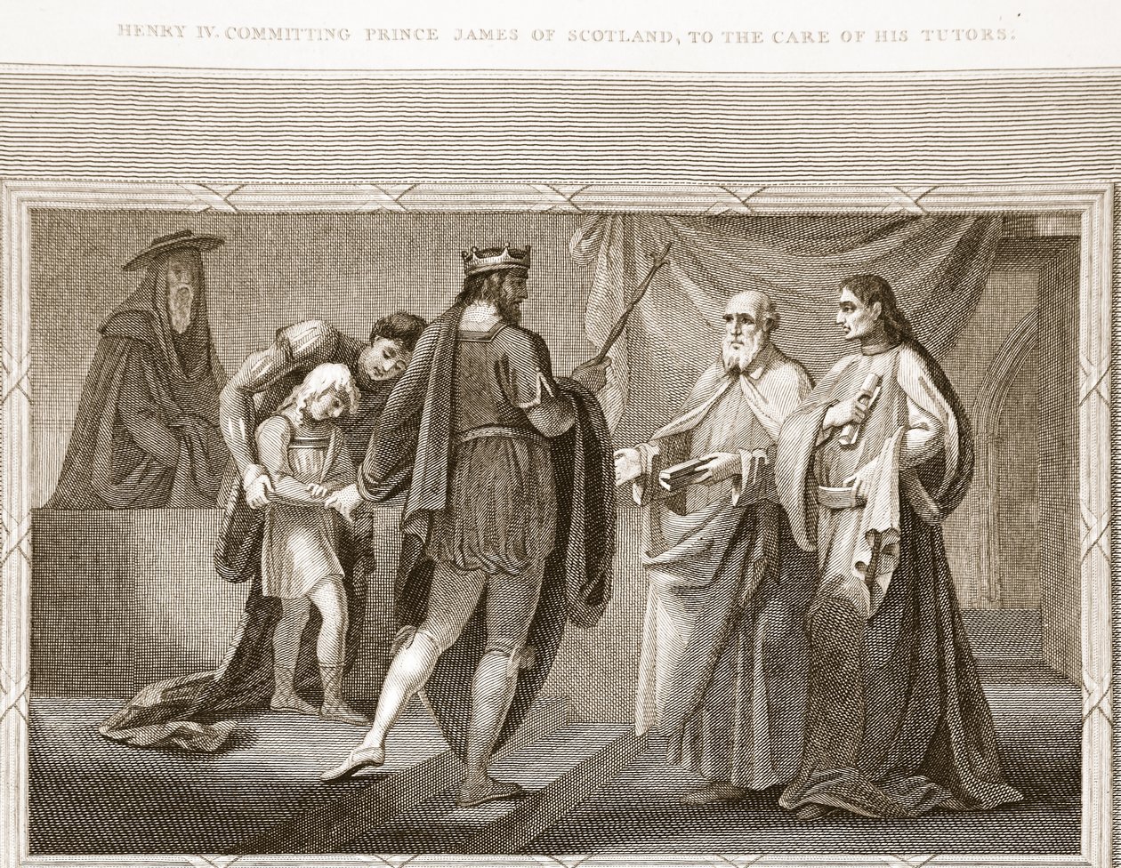 Enrique IV confiando al príncipe James de Escocia al cuidado de sus tutores, ilustración de La Historia de Inglaterra de David Hume, pub. por R. Bowyer, Londres, 1812 de English School
