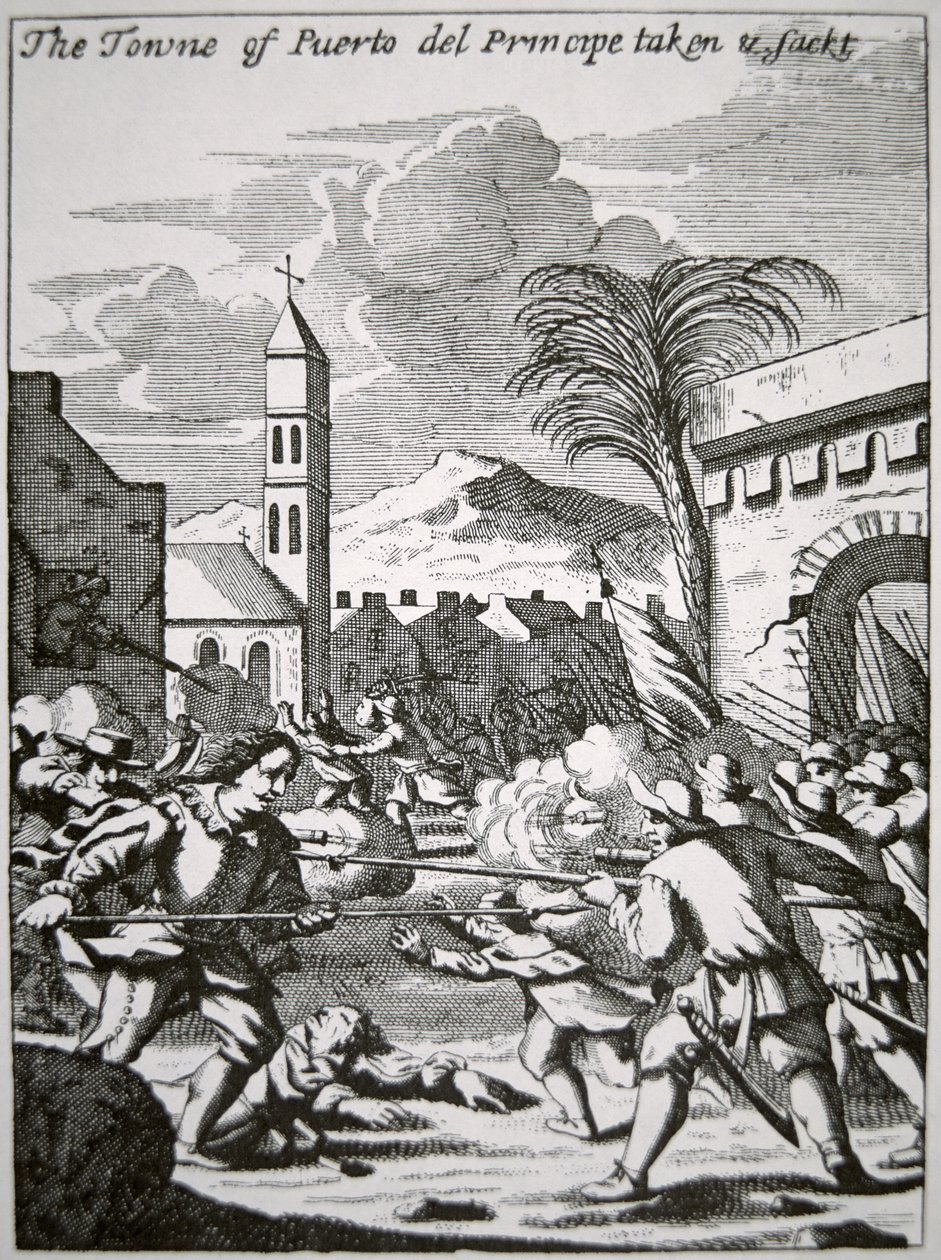 Henry Morgan captura y saquea la ciudad de Puerto de Príncipe, Cuba, en 1668, ilustración de 