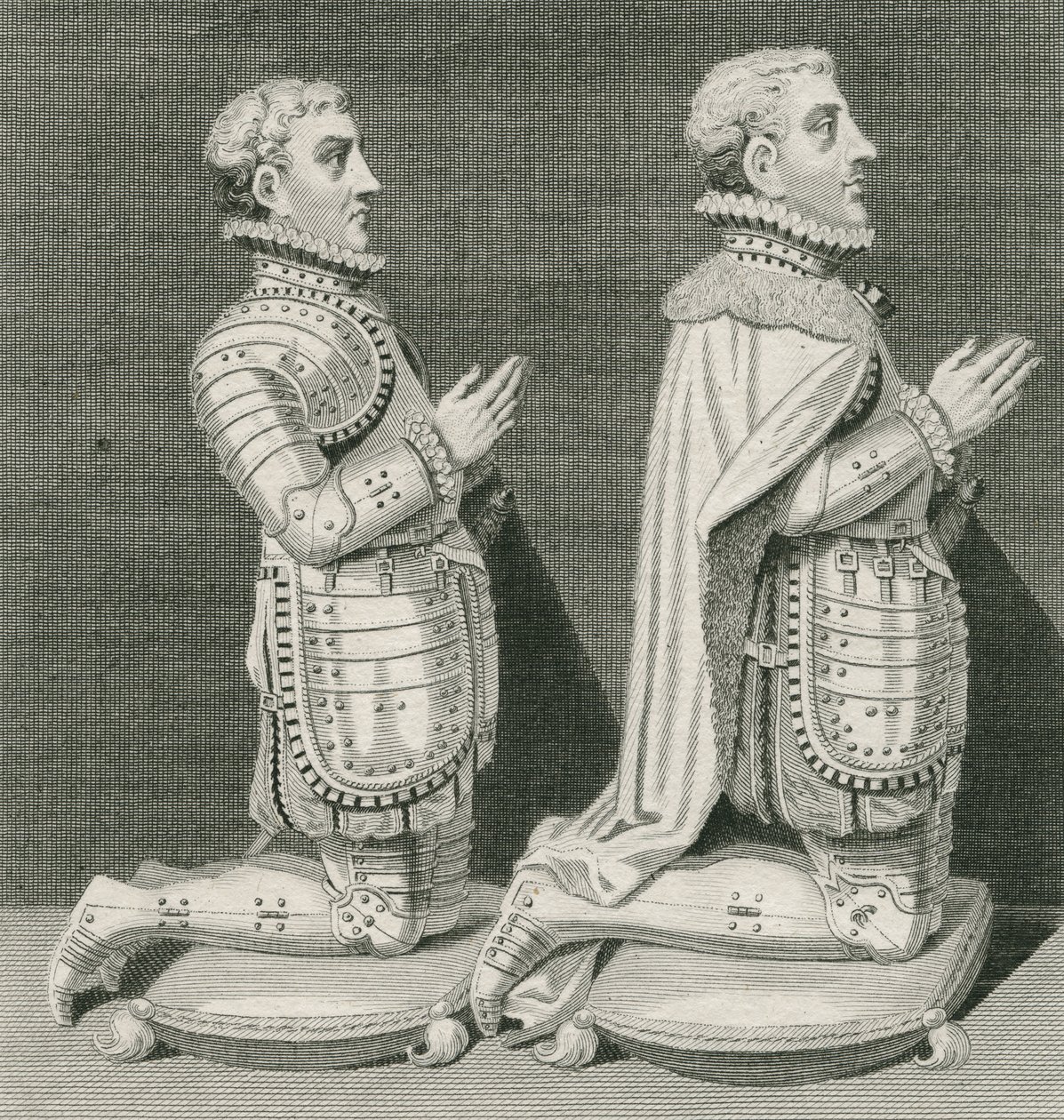 Henry Stuart, Lord Darnley y su hermano Charles Stuart, Conde de Lennox, arrodillados ante la tumba de su madre en la Abadía de Westminster, grabado por Andrew Birrell, 1796 de English School
