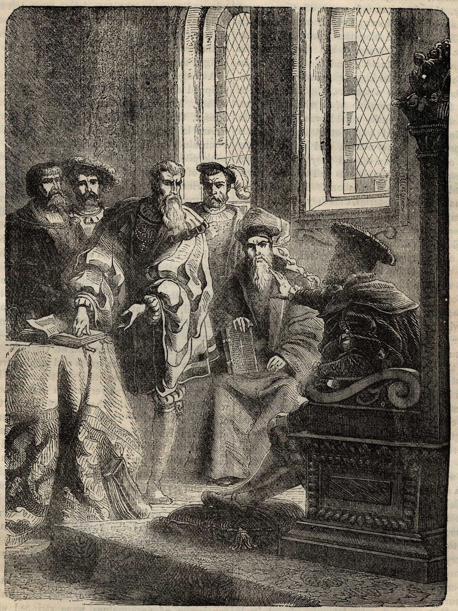 Enrique VIII y su Consejo ordenando la traducción de la Biblia al inglés - 1538 - grabado de “Historia de Inglaterra” por Cassell Petter & Galpin de English School