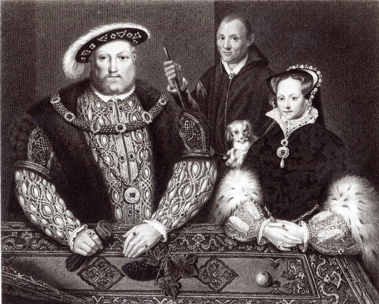 Enrique VIII, su hija la Reina María y Will Somers, después de una pintura al óleo del siglo XVI, pintado póstumamente, 1821 de English School