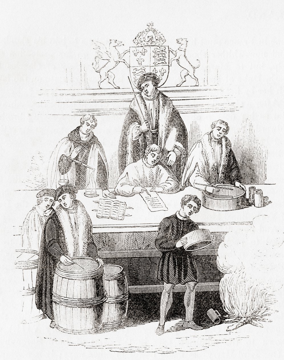 El juicio de Enrique VII sobre los pesos y medidas en el erario público en 1497, de Old England: A Pictorial Museum, pub. 1847 de English School