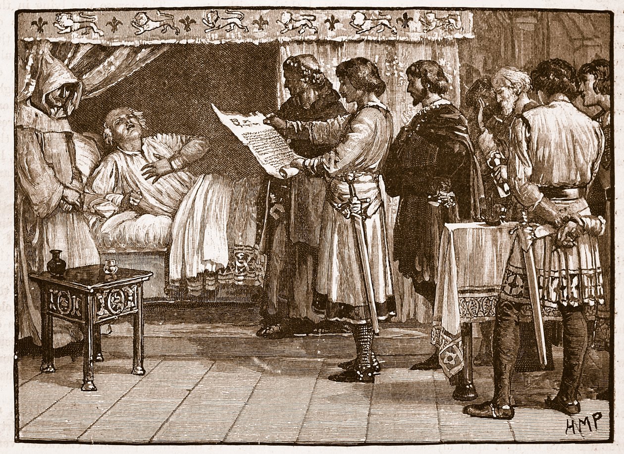 Enrique recibiendo la noticia de la traición de Juan, ilustración de Cassells Illustrated History of England de English School