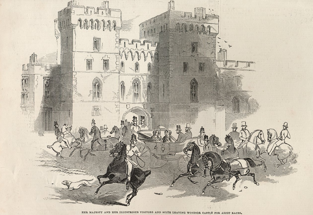 Su Majestad y sus Ilustres Visitantes y Comitiva saliendo del Castillo de Windsor hacia las Carreras de Ascot, de 