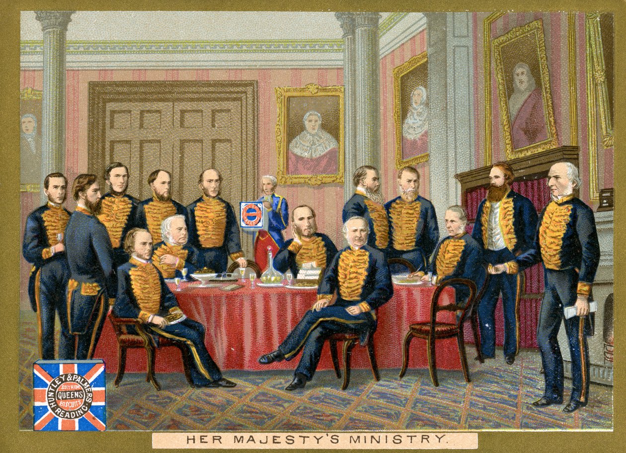 El Ministerio de Su Majestad, tarjeta promocional para las galletas Huntley & Palmers, c.1890 de English School
