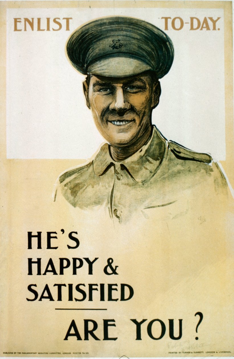 Él está Feliz y Satisfecho - ¿Y Tú?, cartel de reclutamiento británico de la Primera Guerra Mundial, 1914-18 de English School