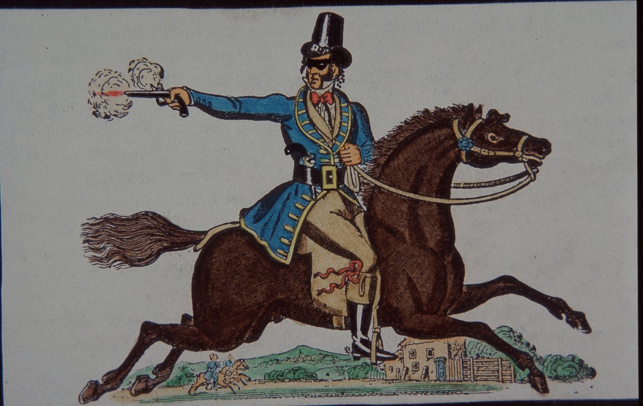 Figura de bandido para teatro de juguetes victorianos para niños (grabado coloreado a mano) de English School