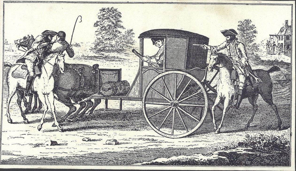 Los bandoleros James MacLaine y William Plunkett roban al Conde de Eglinton en Hounslow Heath, 26 de junio de 1750 (grabado) de English School