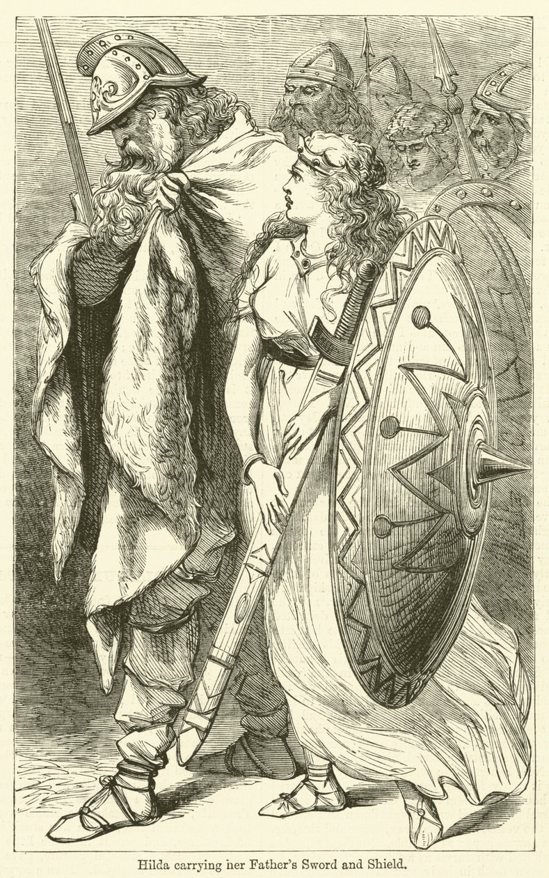 Hilda lleva la espada y el escudo de su padre (grabado) de English School