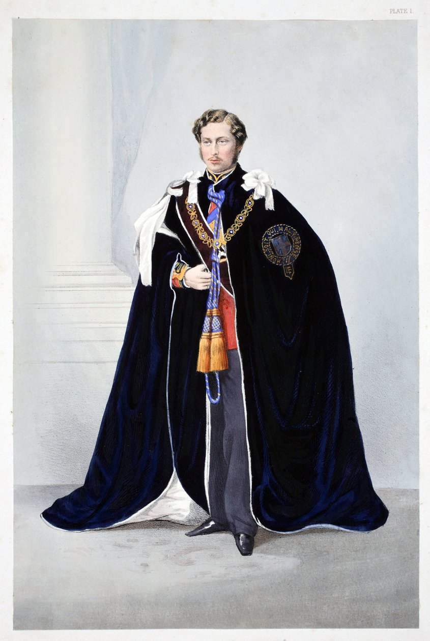 Su Alteza Real, Alberto Eduardo, Príncipe de Gales, de A Memorial of the Marriage of Edward VII and Alexandra of Denmark, pub. 1864 de English School