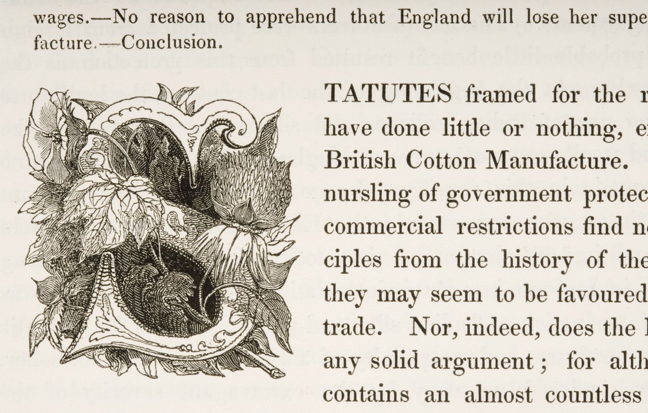 Inicial historiada S, de un libro sobre la manufactura de algodón británica de English School