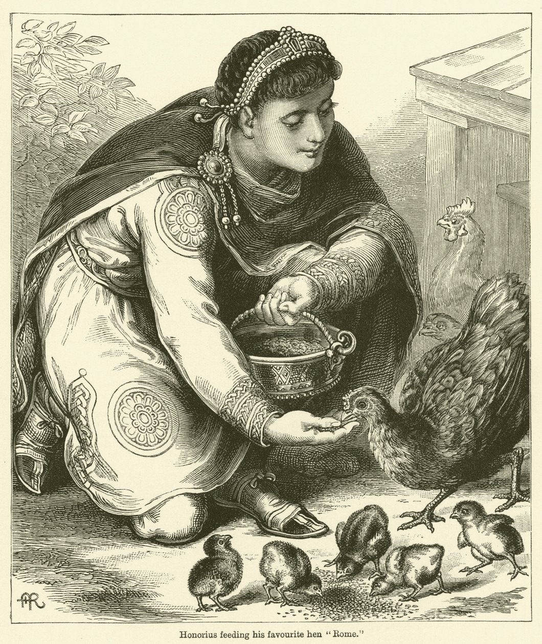 Honorio dando de comer a su gallina favorita "Roma" (grabado) de English School