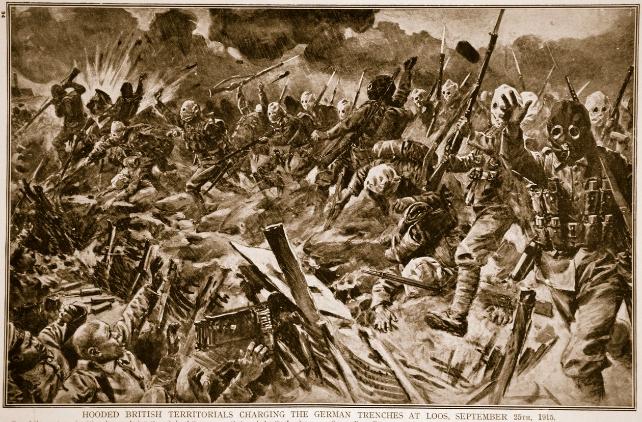 Territoriales británicos encapuchados cargando contra las trincheras alemanas en Loos, 25 de septiembre de 1915, 1914-19 de English School