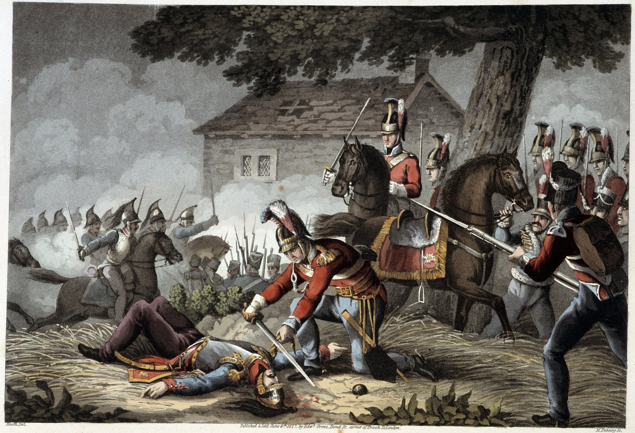 Guardia a caballo en el campo de batalla de Waterloo en "Anécdotas e incidentes históricos, militares y navales que llegaron a los Ejércitos Británicos y sus aliados, terminando en Waterloo" por Edward Orme. Ilustrado por Fry, Sutherland, Clark, Dubourg, W de English School