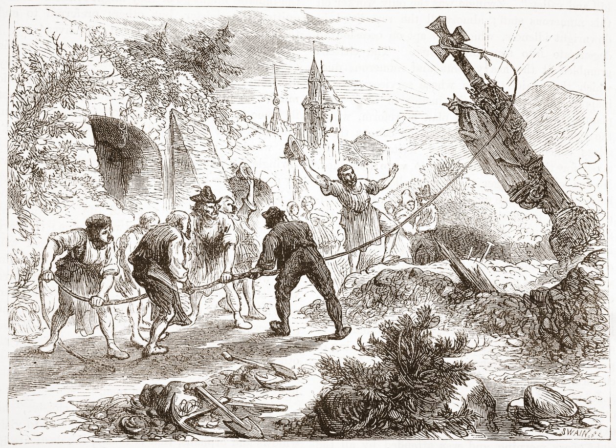 Hottinger destruyendo la imagen, ilustración de La Historia del Protestantismo de James Aitken Wylie, pub. 1878 de English School