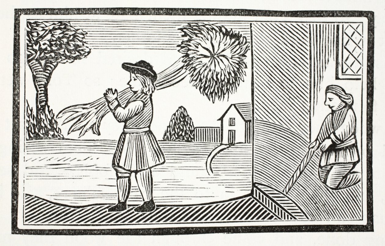Cómo se conoció la gran fuerza de Tom Hickathrift, ilustración de Chap-books del Siglo XVIII de John Ashton, pub. 1882 de English School