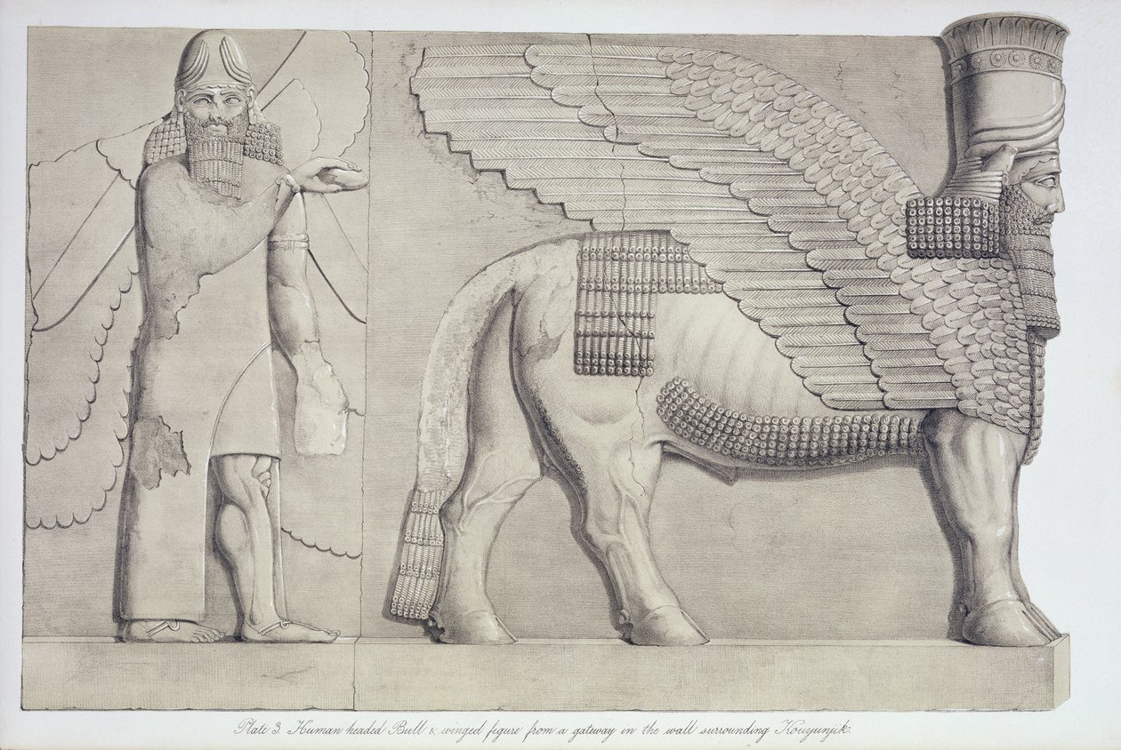 Toro con cabeza humana y figura alada de una puerta en la muralla que rodea Koujunjik, lámina 3 de Nínive y sus Restos de Austen Henry Layard, publicado en 1849 de English School