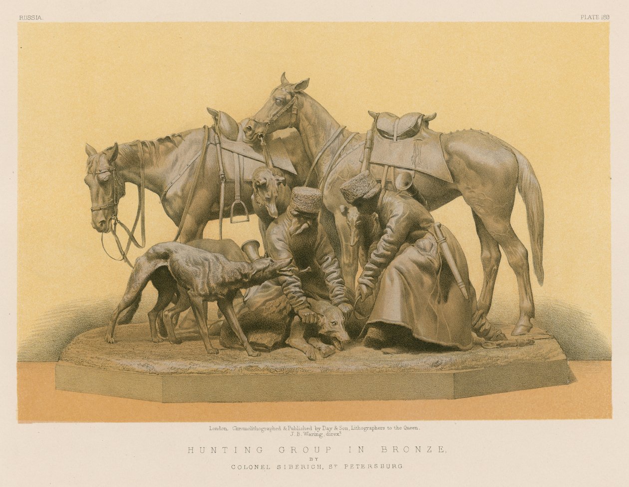 Grupo de caza en bronce del coronel Siberich, San Petersburgo (cromolito) de English School