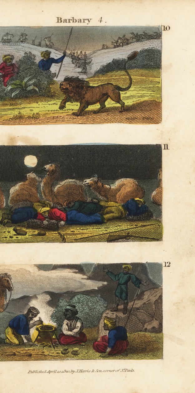 Cazando leones en los Estados Bárbaros, camellos y conductores durmiendo en el desierto, y árabes invitando a viajeros a cenar de English School