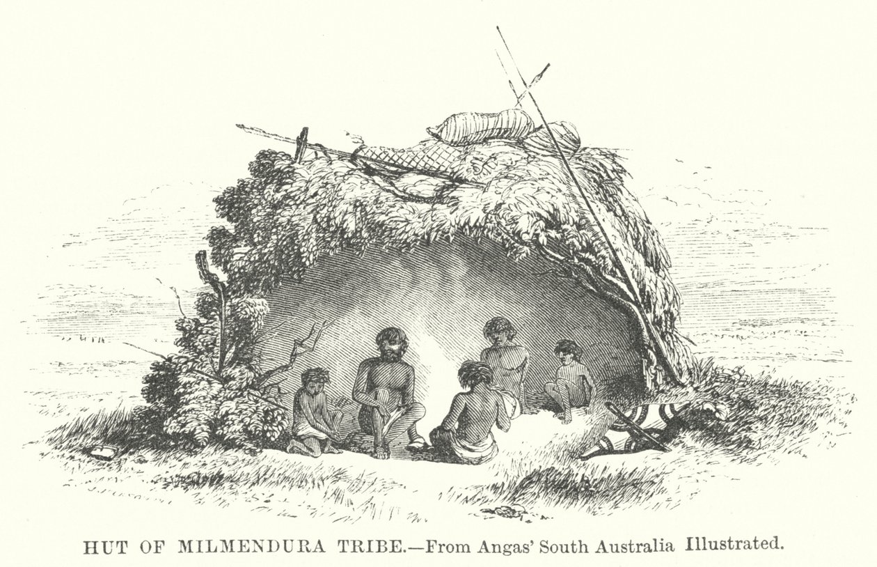 Cabaña de la tribu Milmendura (grabado) de English School