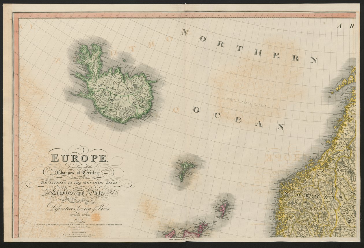 Islandia y Noruega, de Europa, describiendo todos los cambios de Territorio, junto con sus desviaciones en las líneas fronterizas de sus varios Imperios y Estados acordados y confirmados por el tratado definitivo de París, 20 de noviembre de 1815, publicad de English School