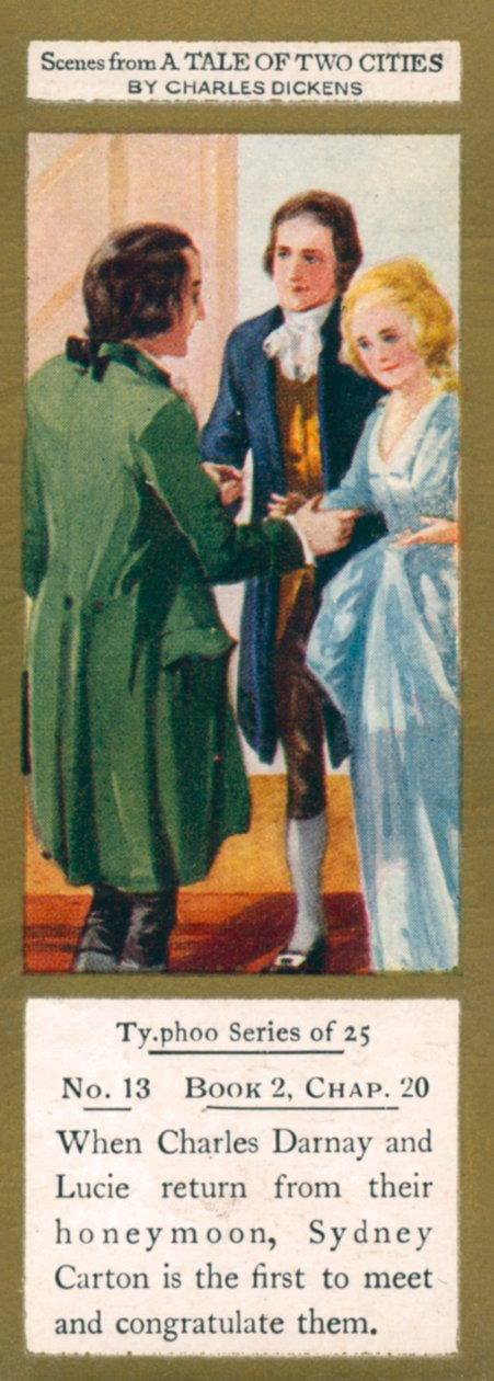Ilustración de Historia de dos ciudades de Charles Dickens (litografía en color) de English School