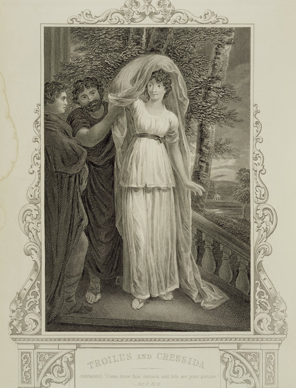 Ilustración de Troilo y Crésida, Acto III, Escena 2, por William Shakespeare (1564-1616) de English School
