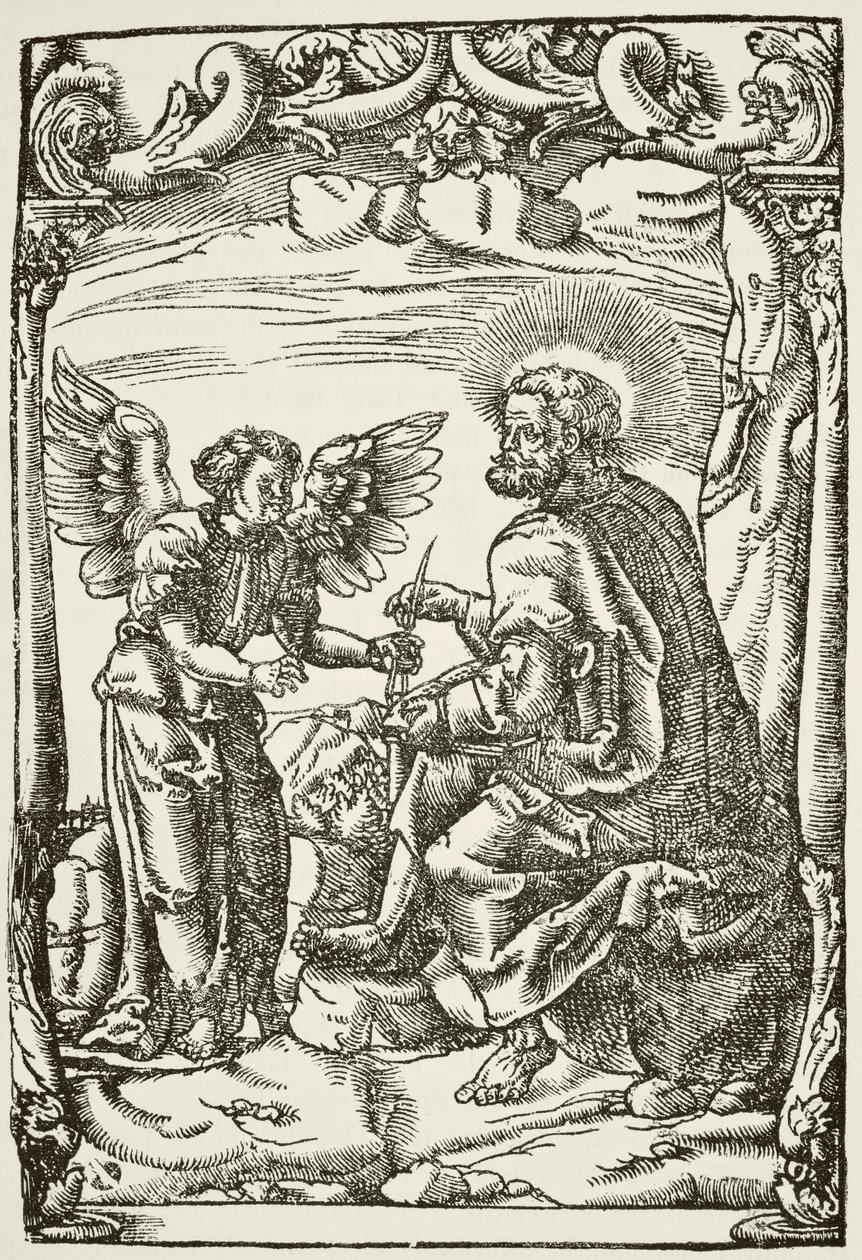 Ilustración del comienzo de la primera traducción al inglés del Nuevo Testamento de Tyndale, publicada en Colonia en 1525, de The National and Domestic History of England por William Hickman Smith Aubrey de English School